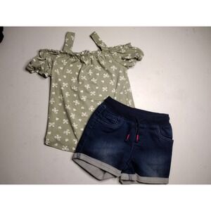 Cat & Jack Art Class Girls 5T Sage Green Bow Top and Denim Shorts Outfit Set